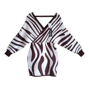 PETALROZ Women's M Mini Sweater Dress or Tunic Brown White V-Neck Animal Print